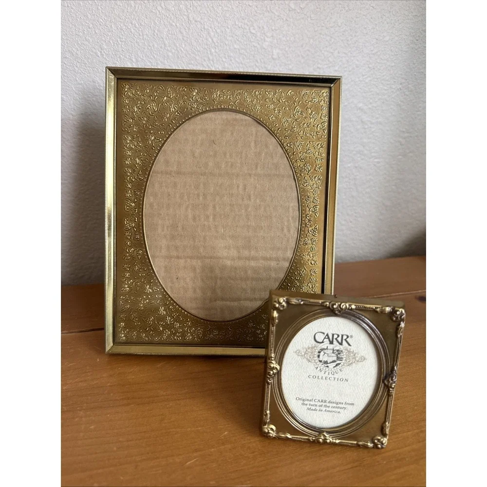 Pair‎ Vtg Gold Tone Metal Picture Frames Embossed Filigree Border Oval Opening